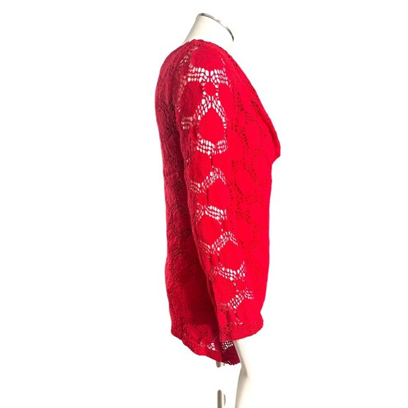 Chicos Size 0 Red Crochet Knit Cowl Neck Sweater Blouse Layered Fit Boho Core - Picture 5 of 12